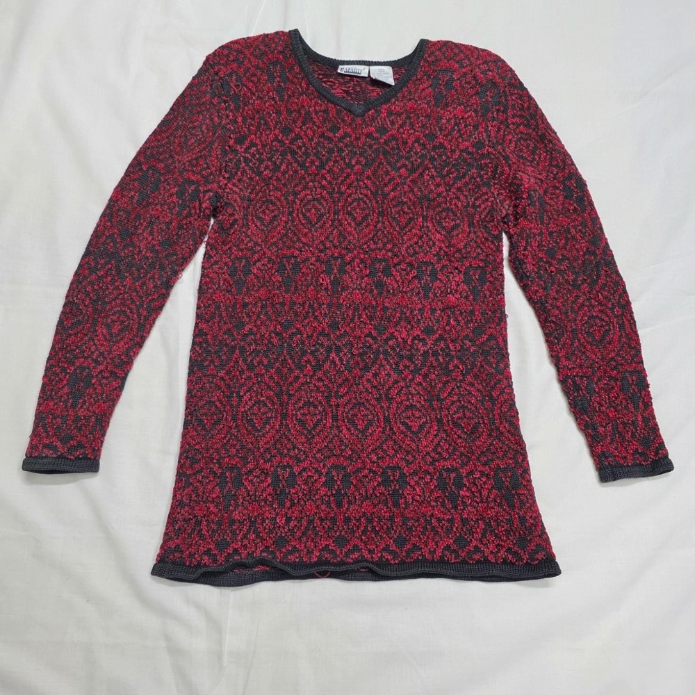 Vintage Capacity Sweater Womens Small Black Red Flocked Knit Pullover Damask‎